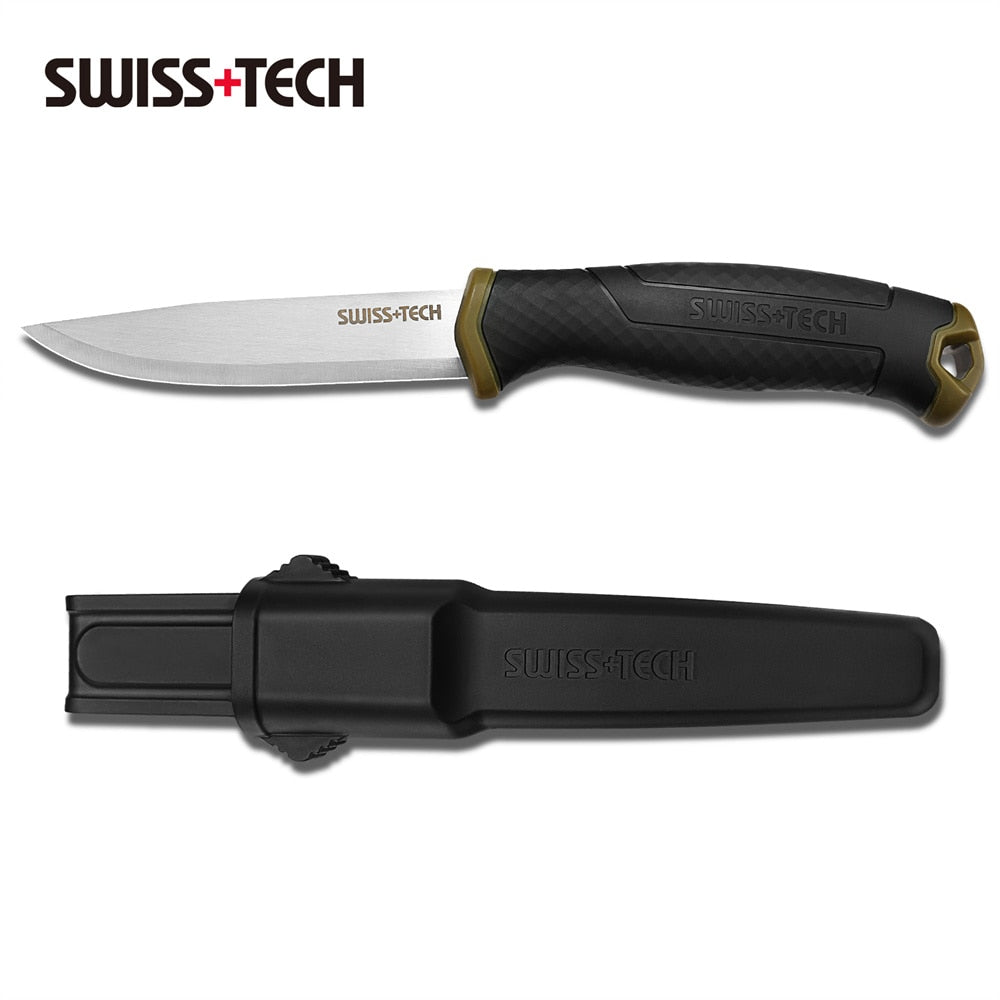 SWISS TECH Fixed Blade Knife; Survival Knife with Sheath; Tactical Military knife; Strong Single Edge Great Hunting Knife