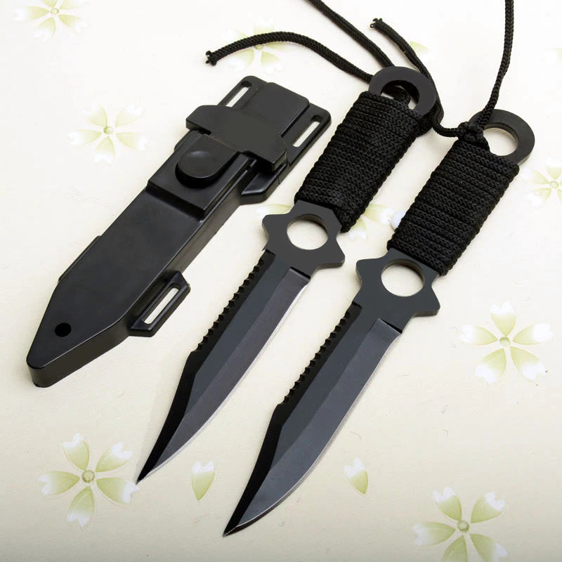 Damascus Sharp Concealed Fixed Blade; Black Utility Survival Knife; Paratroopers Pocket Knife with Plastic Sheath