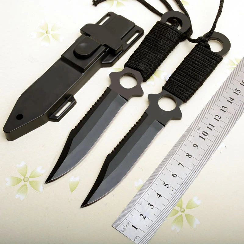 Damascus Sharp Concealed Fixed Blade; Black Utility Survival Knife; Paratroopers Pocket Knife with Plastic Sheath
